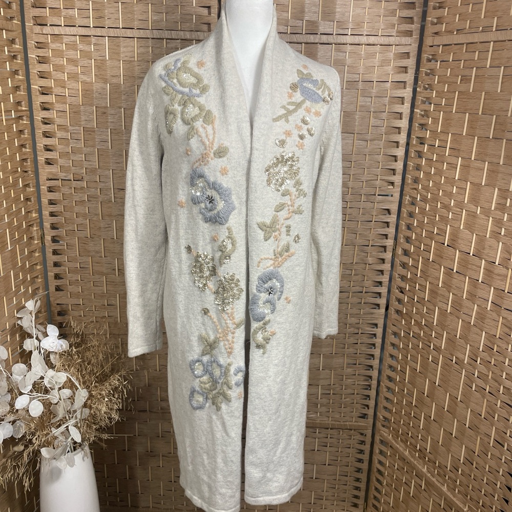 Light Oatmeal Gray Long Open Embroidered Beaded Cardigan Sweater